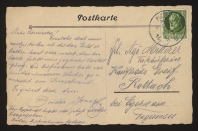 POSTCARD (back side, with green Bavarian stamp) Address: Frl. [Fräulein / Miss] Ige Hutterer Verkäuferin [Saleswoman] Kaufhaus Greif Rottach bei Egern am Tegernsee Message (German): 