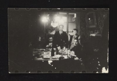 A humorous caption describing someone peering through a thread counter (a small magnifying device used in textile work). The front likely shows someone looking through the device.